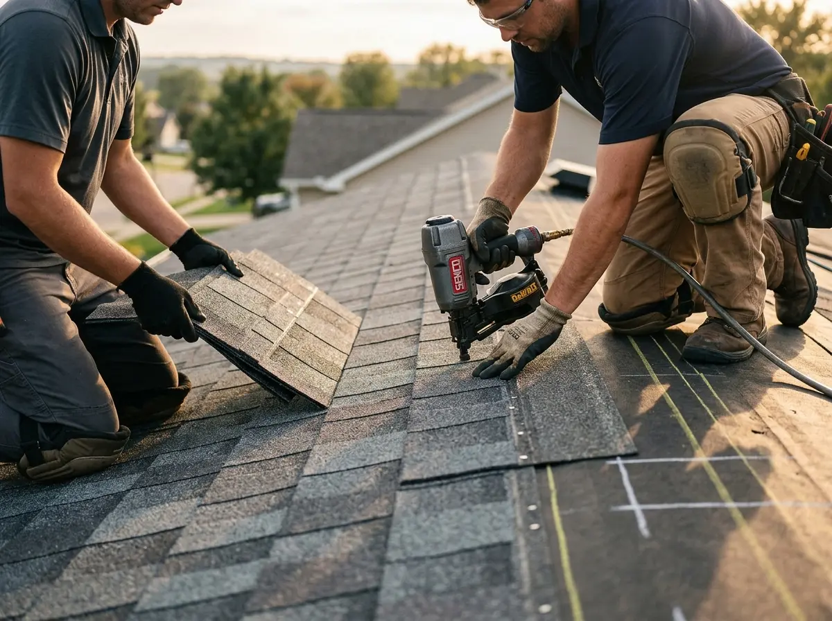 Professional roofer working on a residential roof in Amity